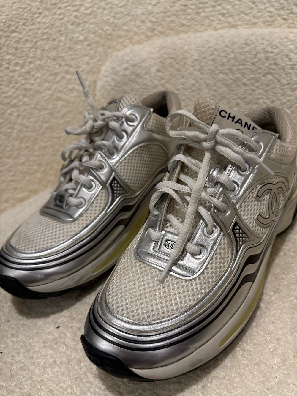 CHANEL Silver, White & Cream CC-Emblem Sneakers - Picture 2 of 5